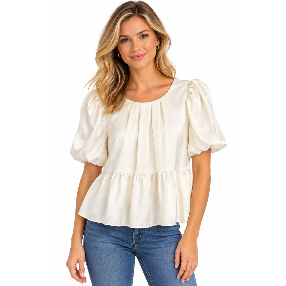 Lilly Pulitzer Blakelynn Elbow Sleeve Top Coconut White Satin Peplum 00 NWT
